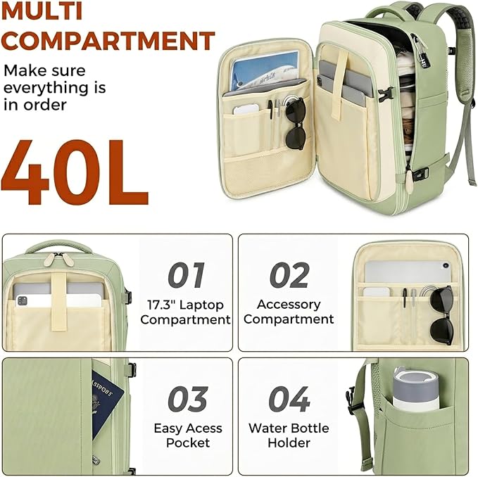 Vancropak Carry on Backpack for Airplane, Travel Backpack Fits 17.3" Laptop | Shoe Compartment, 3 Packing Cubes, 18x14x8 Travel Backpack, 40L Expandable Suitcase, Lightweight Anti Theft Weekender Bag - Image 2