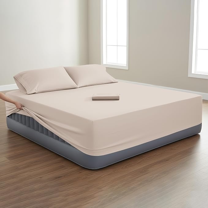 Mocassi 4-Piece Extra Deep Pocket 16-24 Inch Air Mattress Bed Sheet Set- 4PC Sheet Set with Smart Pockets Ideal for Air Beds, RVs, Camping and Guest Rooms Premium Hotel Quality, Full, Cream - Image 2
