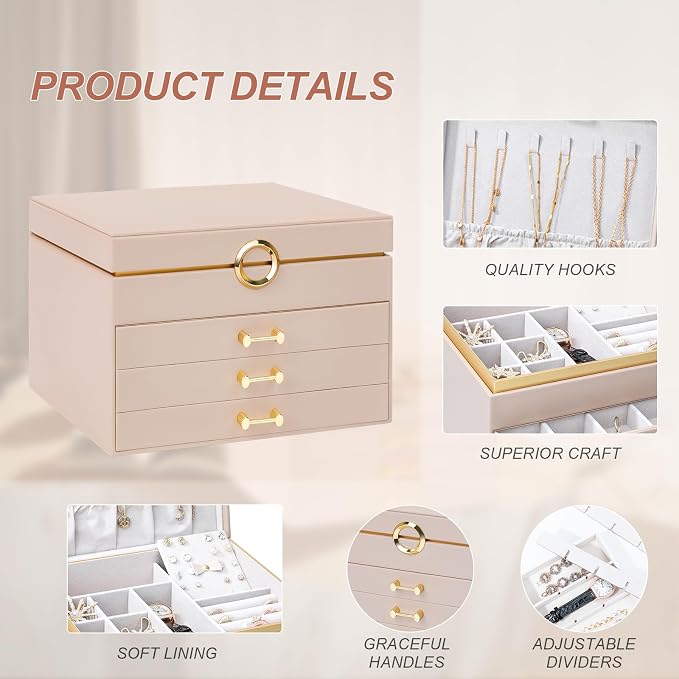 Large Jewelry Box, 4-Layer Leather Organizer, Apricot | 3 Drawers, Display Case, For Women Girls - Image 3