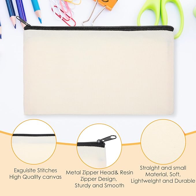 60 Pcs Canvas Bag with Zipper, Blank DIY Craft Bulk Canvas Bags for Makeup Cosmetics Toiletry, Multipurpose Pencil Pouch Bulk for Organizing & Gifting - Image 3