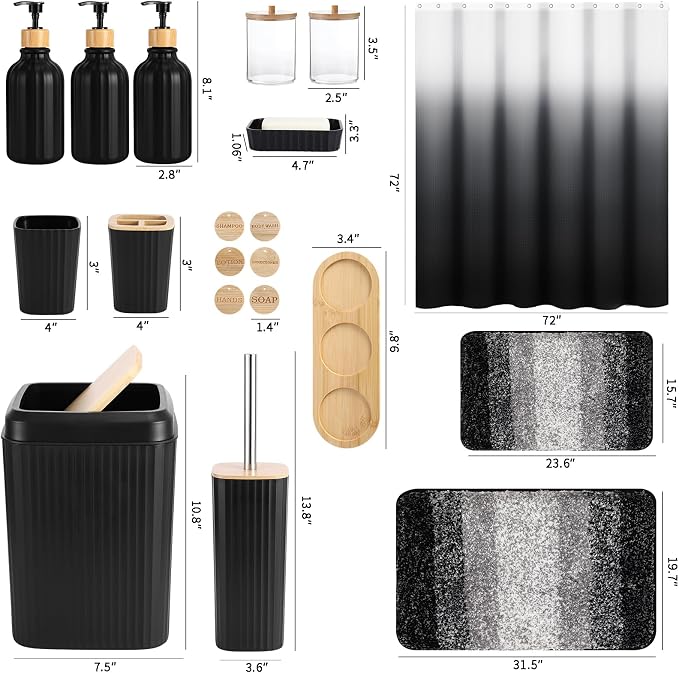 32PCS Bathroom Sets with Shower Curtain and Rugs,Bathroom Set Black Bathroom Accessories Black Shower Curtain Set with Bathroom Trash Can - Image 5