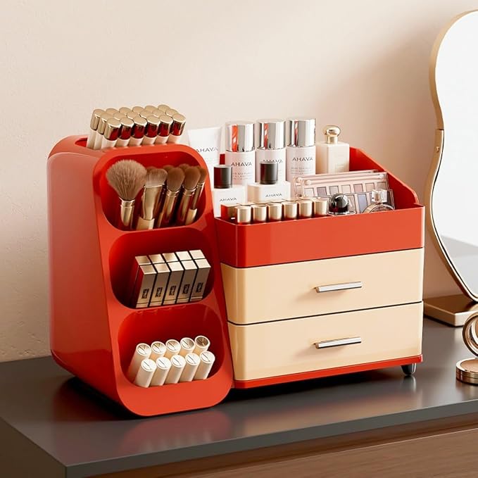 Makeup Organizer with Drawers,Large Capacity Countertop Organizer for Vanity,Bathroom and Bedroom Desk Cosmetics Organizer,Easy To Storage Skincare,Brushes,Lotions (Red and Cream) - Image 3