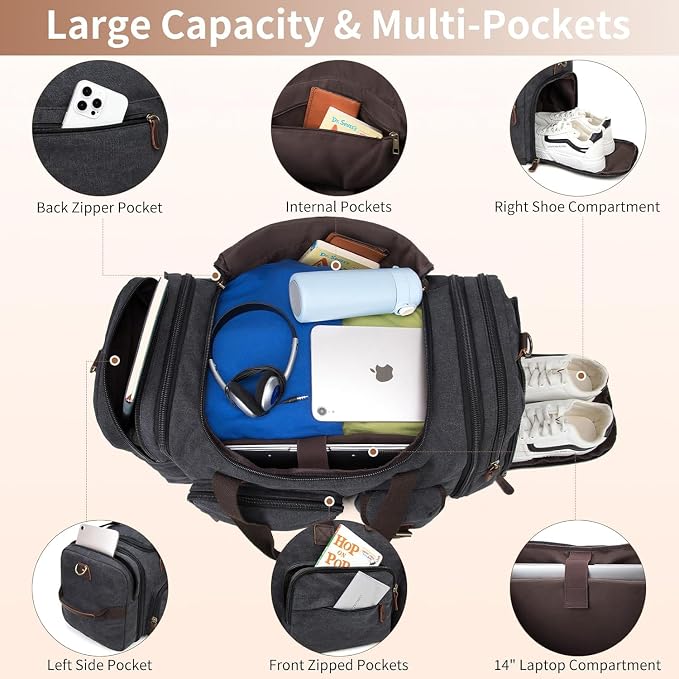 Mens Duffle Bag for Travel 60L Expandable Canvas Weekender Overnight Travel Duffel Bag with Shoe Compartment Carry-On for Airplanes Dark Gray - Image 3