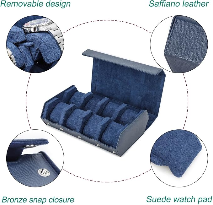Hiram Genuine Leather Hexagon Watch Roll Travel Case, Leather 8-Watches Roll Case with Removable Pillow Cushion for Treasured Watches and Bracelets-Blue - Image 4