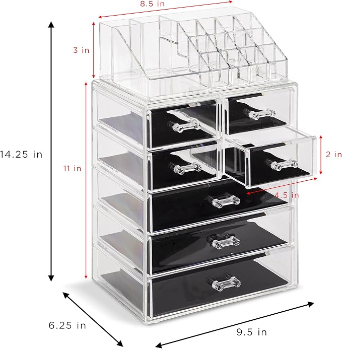 Sorbus Acrylic Makeup Organizer Set, 7-Drawer Vanity & Countertop Cosmetic Storage with Small & Wide Compartments, CLear Makeup Storage for Brushes, Jewelry – Holiday Gift for Women & Teens - Image 3