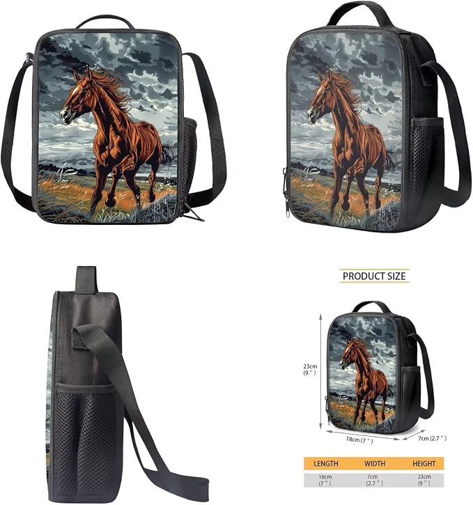 17 Inch Animal Print School Backpack And Lunch Box Set for Kids Lightweight Cloudy Sky Majestic Horse Backpack for Boys Girls School Bag with Insulated Lunchbox Pencil Case Student Bookbag - Image 5
