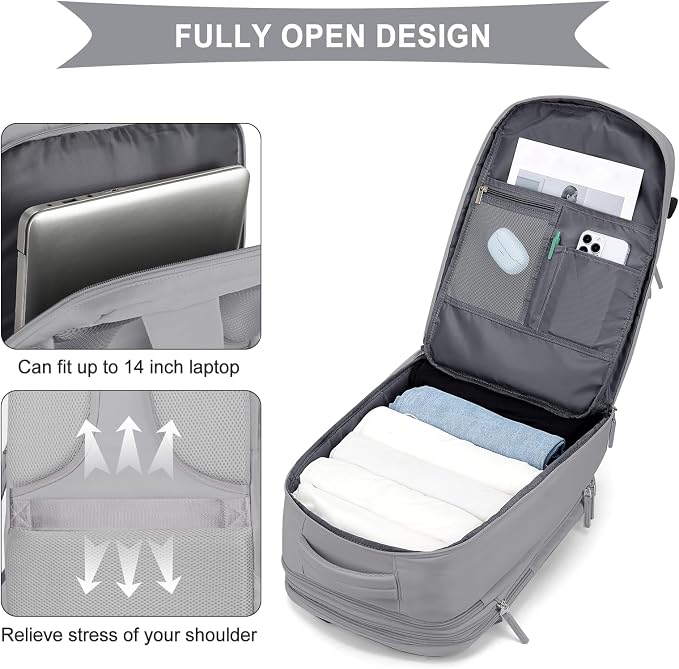 coowoz Large Travel Backpack For Women Men, Carry On Backpack,Hiking Backpack Waterproof Outdoor Sports Rucksack Casual Daypack Expandable Heavy Duty Extra large Backpack Grey Expansion - Image 8