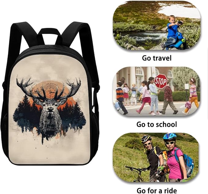 Vintage Deer Forest Print Durable Backpack Set for Boys and Girls, Large Lightweight Schoolbag Set with Lunch Bag Pen Bag, Suitable for Elementary and Middle School Students, Beige - Image 3