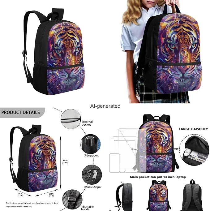Tiger Backpack for Kids Girls Backpack with Lunch Box Water Bottle Holder and Soft Pencil Case 4PCS Bookbag with Front Pocket 17 inch Sturdy School Bag with Side Pocket for Elementary Girls - Image 3