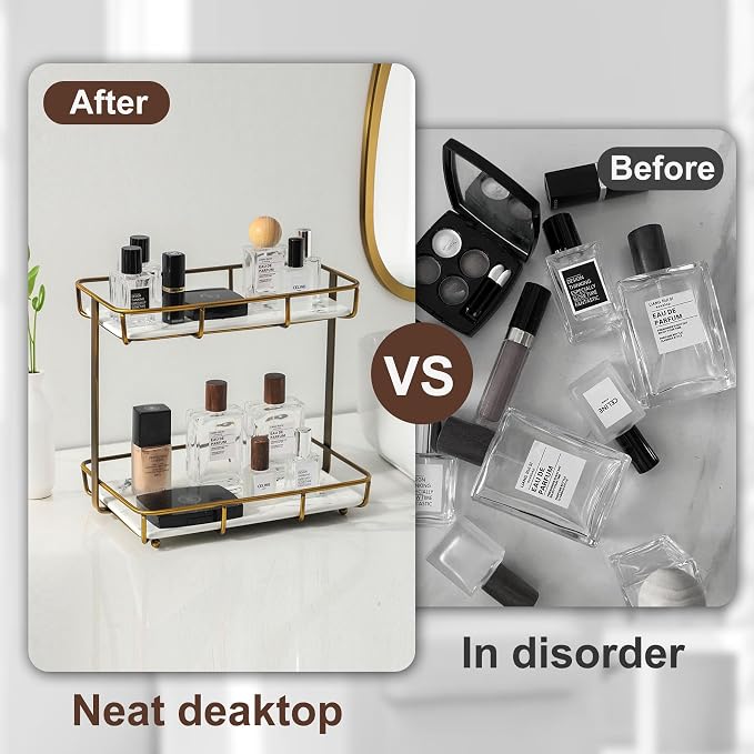 Bathroom Organizer Countertop Perfume Organizer Makeup Organizer Cosmetics Storage Display Rack Vanity Tray Dresser Stainless Steel Gold Shelf White Marble Ceramic Tray - Image 4