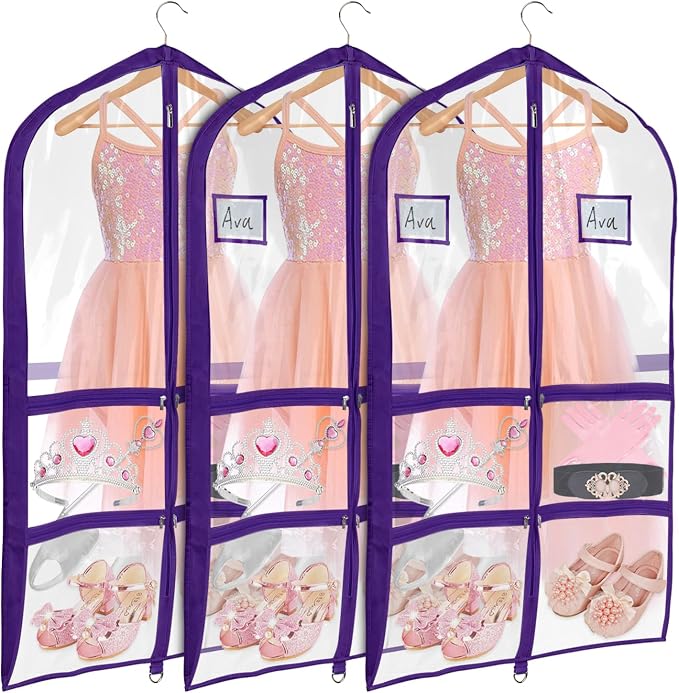 Univivi PVC Dance Costume Bags (3 Pack) Garment Bag 40 Inch for Dance Competitions, with 4 Medium Clear Zipper Pockets and 1 Large Back Zippered Pocket - Clear Purple by Univivi
