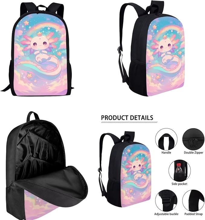 Personalized Cute Axolotl Backpack for School Girls 2nd Grade with Lunch Box Rainbow Elementary Bookbag Set Neon Custom Back Pack Lunchbox Pencil Case Watter Bottle Holder Back Pack for Kids - Image 2