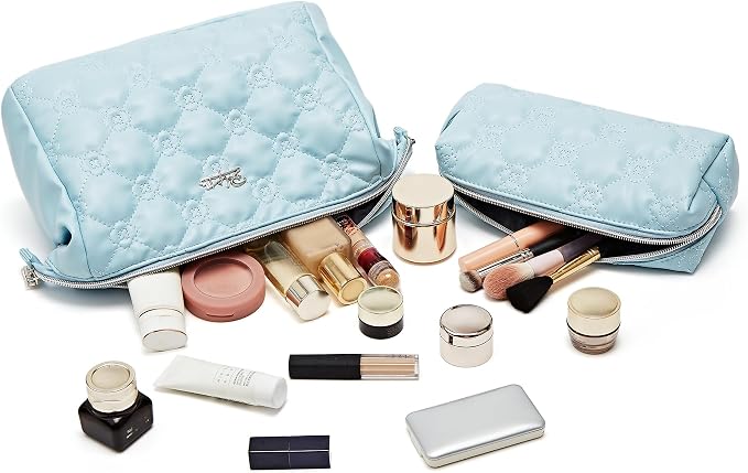 BOYATU Travel Makeup Bag Cosmetic Pouch: 2 Pcs Set Waterproof Vegan Leather Cosmetic Bags for Women - Cute Quilted Skincare Make up Toiletry Bag for Girl (04-Blue) - Image 3