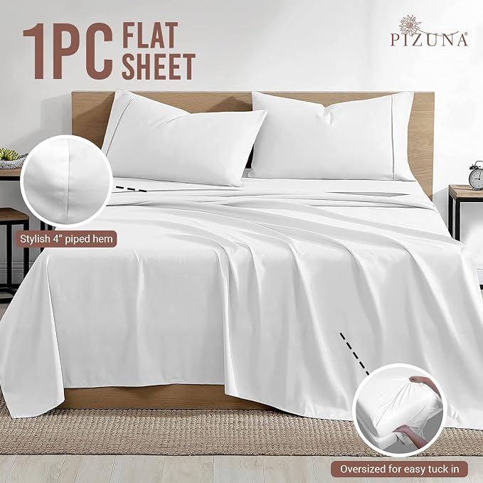 Pizuna Pure 100% Cotton Flat Sheets Only Full White (1 PC), Luxurious 400 Thread Count Long Staple Cotton Sateen Flat Bed Sheet with 4" Hem (Combed Full Flat Sheet Only Cotton) - Image 3