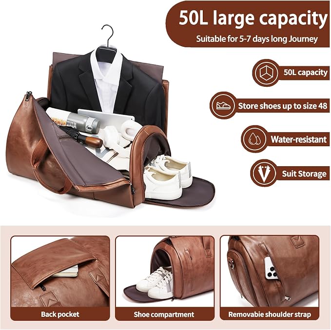 Leather Garment Bag，Convertible Garment Duffel Bag for Travel Mens Suit Bag 2 in 1 Waterproof Foldable Carry on Garment Bag with Shoulder Strap Weekender Bag with Shoe Pouch - Image 2