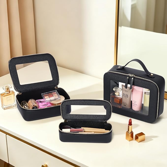 Travel Makeup Set, Black, L+M+SLIM | Waterproof, Transparent Cosmetic Bag, Toiletry Bag, Makeup Brush Case with Zipper, Car Essentials for Women - Image 2