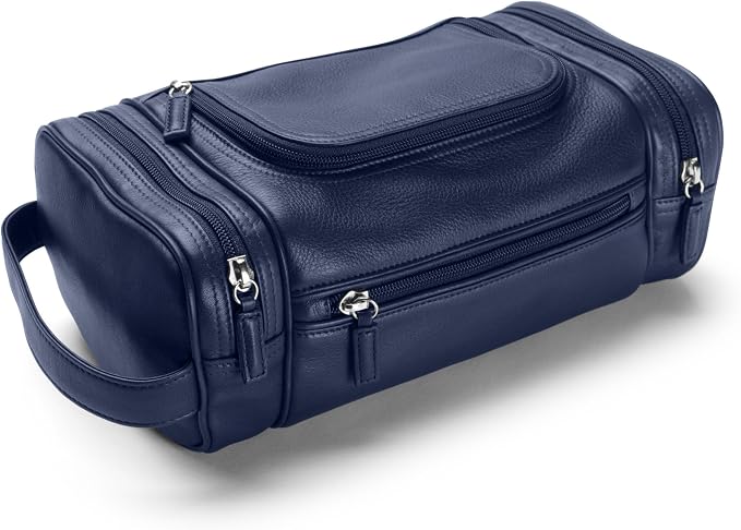 Leatherology Navy Blue Multi Pocket Toiletry Bag – Full-Grain Leather Travel Dopp Kit with Multiple Zippered Compartments | Spacious, Durable Organizer for Toiletries & Grooming Essentials - Image 3