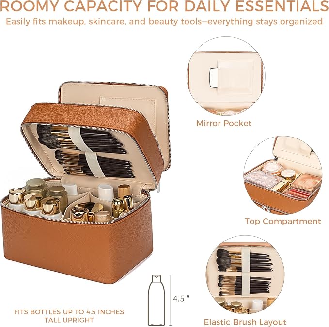 BAGOK Double Layer Makeup Vanity Case, Large Capacity Cosmetic Bag with Removable Divider & Brush Organizer, Travel Toiletry Bag for Women, Portable PU Leather Organizer with Handle - Image 4