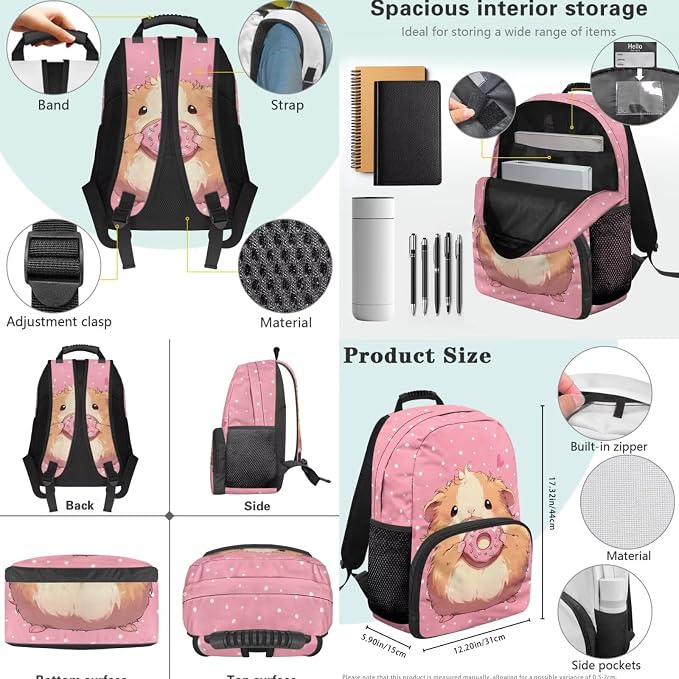 Donut Guinea Pigs Backpacks for Girls Kids Preschool Elementary Backpacks with Reusable Lunch Bag Pencil Case Pouch Water Bottle Carrier Bag 4 Pack Set Pink - Image 4