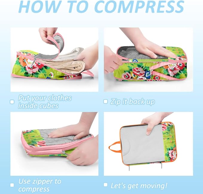 7 Piece Travel Compression Packing Cubes - Gingham Floral | Foldable Toiletry Kit, Efficient Suitcase Packing, Carry-On Compatible Travel Essentials with Lovely Flower Print, Green - Image 3