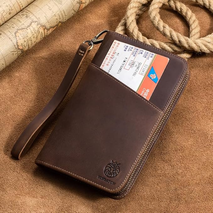 Passport Holder for Travel Family with Strap Genuine Leather RFID Blocking Travel Document Organizer Wallet with Pen Holder, Brown - Image 5