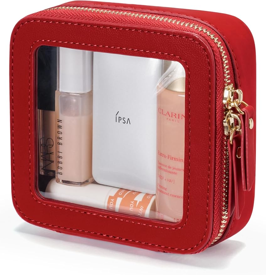 Popvibe Clear Makeup Bag Travel Cosmetic Case Toiletry Bag with Zipper, Portable Make Up Organizer Traveling Compact Car Bag for Essentials, Red, Mini by POPVIBE