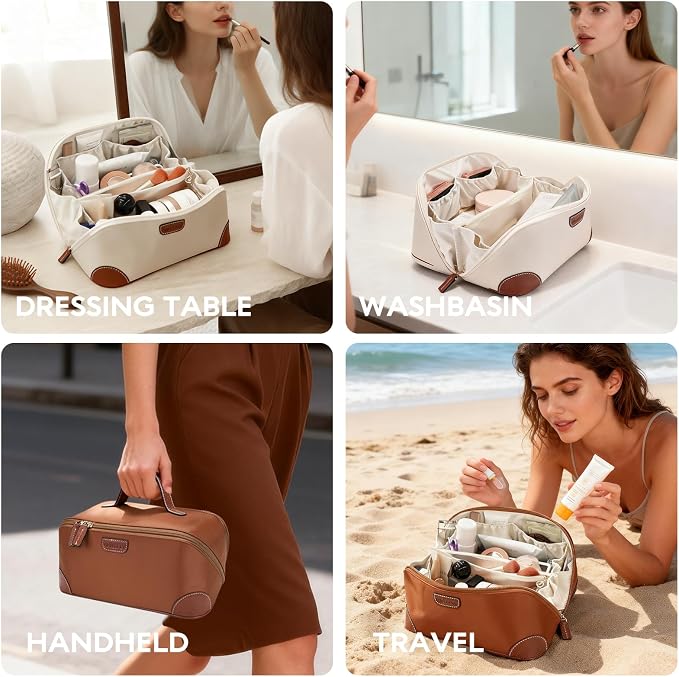 GIVLEFLY Makeup Bag for Women, Large Cosmetic Bag, Travel Toiletry Bag, Waterproof Nylon Organizer with Microfiber Leather, Flat Open for Skincare & Brushes - Image 3