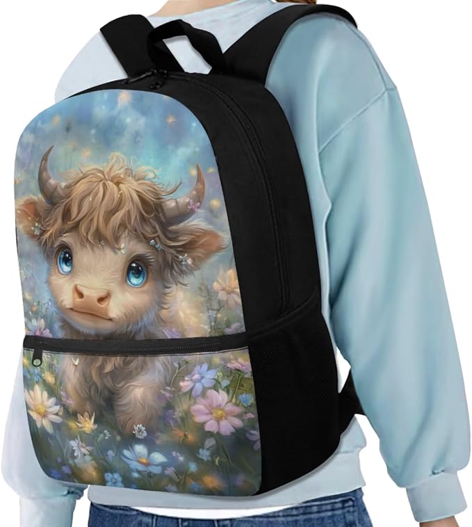 Cute Highland Cow Backpack for Girls Kids Backpack with Lunch Box Water Bottle Pouch and Large Capacity Pencil Case 4PCS Set Bookbag with Front Pocket 17" Lightweight Elementary School Bag - Image 2