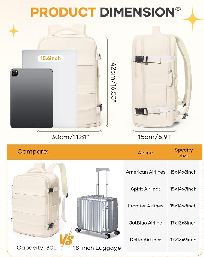 coofay Beige Travel Backpack For Women Men Airline Approved Personal Item Carry On Flight Approved Waterproof Backpack For Traveling On Airplane Weekender Travel Bag - Image 3