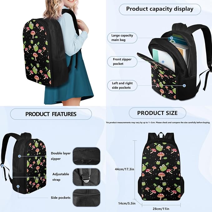 Coloranimal Frog Mushroom 3Pcs Backpack Set School Bag 17 Inch Large Capacity Rusksack Mini Lunch Bag Pencil Case for Middle Elementary Students Back to School Gifts - Image 2