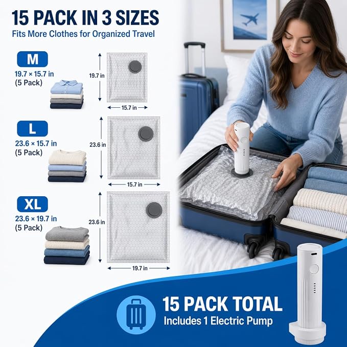 Travel Compression Vacuum Bags with Rechargeable Mini Air Pump, 15 Pack Carry-On Size Space Saver Bags, Reusable Vacuum Storage Bags for Clothes, Travel Essentials Organizer - Image 4