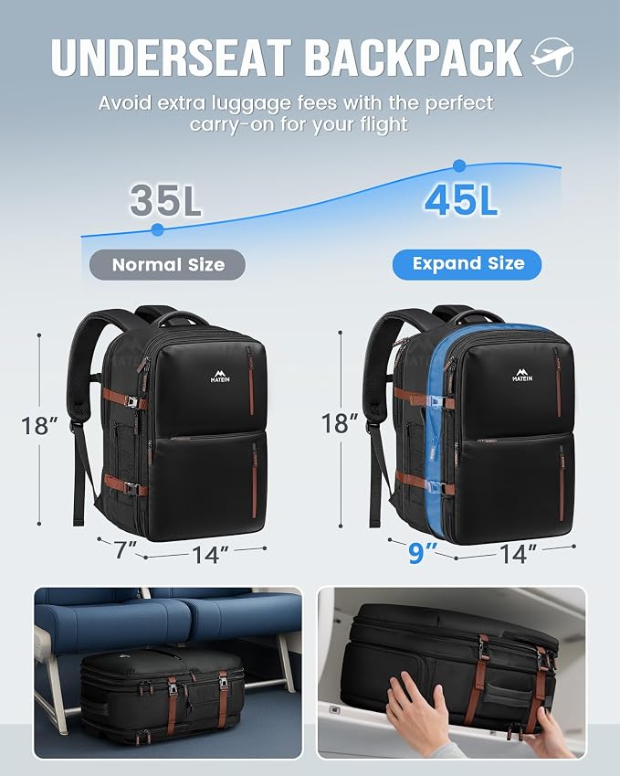 MATEIN 18x14x8 Inches Travel Backpack Personal Item, Black Brown | Expandable, Underseat Backpack for Airplane, Shoe Compartment, TSA Airline Approved, Carry on Bag Mochila, Fit 17" Laptop - Image 4