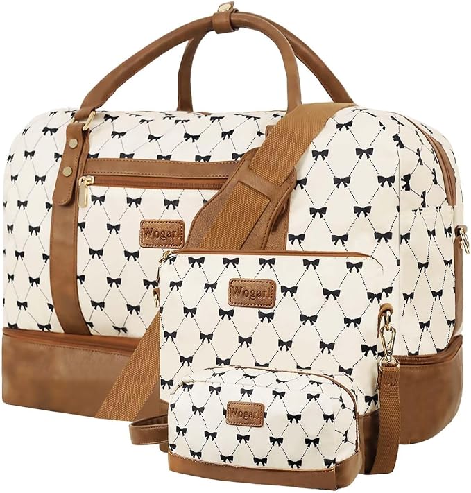 Wogarl 3PCS Weekender Bags for Women Large Overnight Bag Weekend Travel Duffel Bag Carry on Shoulder with Shoe Compartment Canvas Toiletry Bag for Travel Business Gym,Cream Bow by Wogarl