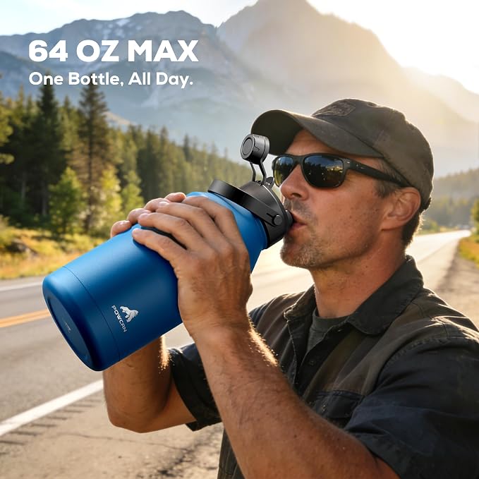 POWCAN 64 oz Insulated Water Bottle with 2-in-1 Straw Spout Lid, Leakproof, Carrier Bag, Shoulder Strap, Keep Cold 48H, Half Gallon Stainless Steel Water Jug for Men, Sports, Camping, Fitness (Indigo) - Image 6