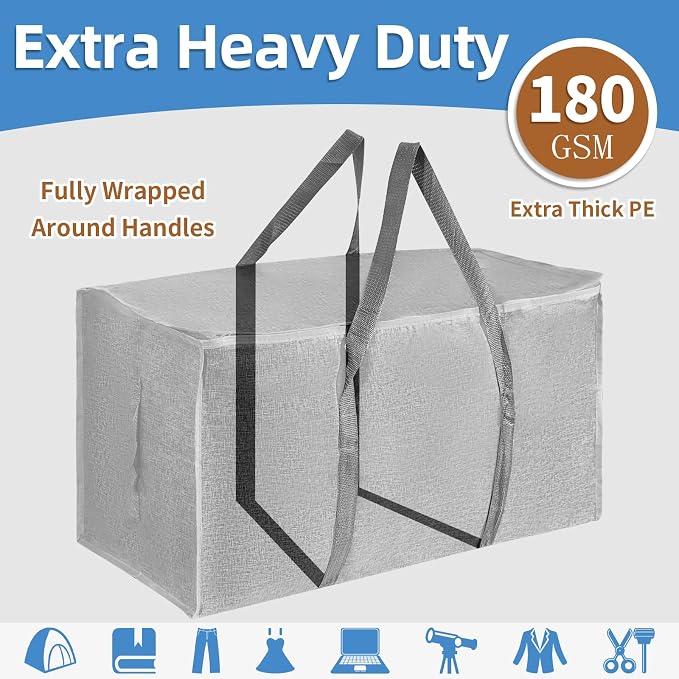 8 Pack-Extra Large Heavy Duty Moving Bags - Waterproof Storage Totes with Handles & Zippers, Foldable for College Dorm, Storage (Gray) - Image 2