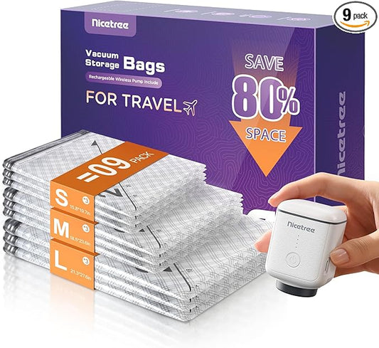 Nicetree 9-Pack Vacuum Bags for Travel with Rechargeable Pump, Compression Packing Bags for Carry-On Luggage & Suitcase, Vacuum Seal Bags for Clothing, 3 Sizes for Travel & Home Storage by Nicetree