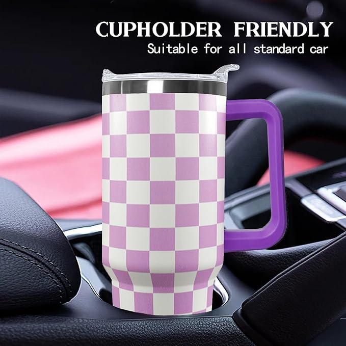 30 Oz Purple Checkered Tumbler with Handle Lid and Straw, Checkered Tumbler Water Bottle Travel Coffee Cup Mug,Checkered Gifts for Women Men
