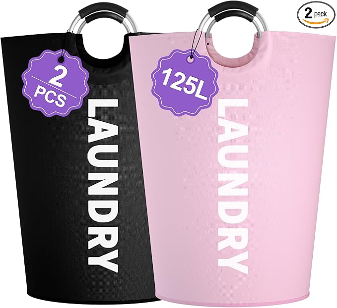 125L Laundry Hamper 2Pcs, Large Laundry Basket with Reinforced Handle, 600D Oxford Cloth Dirty Clothes Hamper, Foldable Washing Bin for Bedroom, Bathroom, Livingroom, Black + Pink by IHOMAGIC