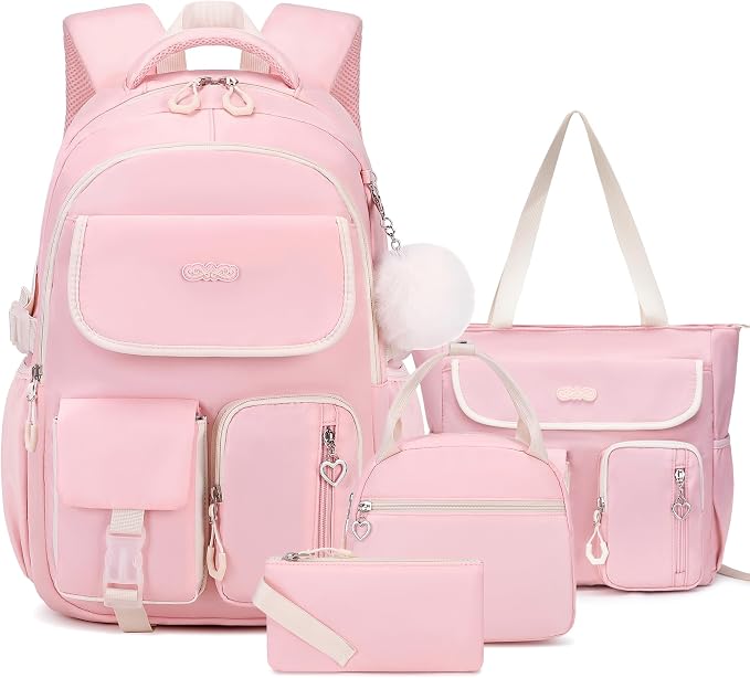 DIGOBAY Backpacks for Girls, 4PCS School Girls Backpack with Tote Bag Lunch Box Pencil Pouch for Teen Kids Elementary Primary Middle High College Travel School bag Bookbag Set, Pink by DIGOBAY