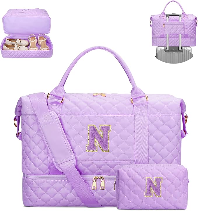 Gifts for Women Initial Travel Duffle Bag Quilted Weekender Bags Carry-On Overnight with Cosmetic Bag, Gym Bag with Shoe Compartment Hospital Bag for Women Labor Delivery, Purple-N by Unknown