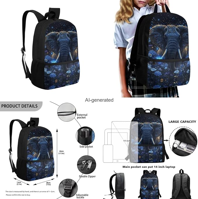 Aesthetic Elephant Backpack for Kids Girls Backpack with Lunch Box Water Bottle Holder and Large Pencil Case 4PCS Set 17 inch Bookbag with Front Pocket Lightweight School Bag with Side Pocket - Image 3