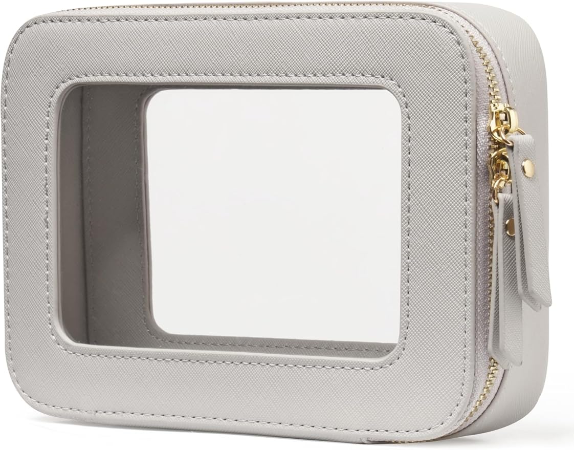 Popvibe Clear Makeup Case Toiletry Bag Travel Medium Clear Cosmetic Bag with Zipper, Small Make Up Bag Organizer Traveling TSA Approved Transparent Bag Car for Essentials, Beige Grey by POPVIBE