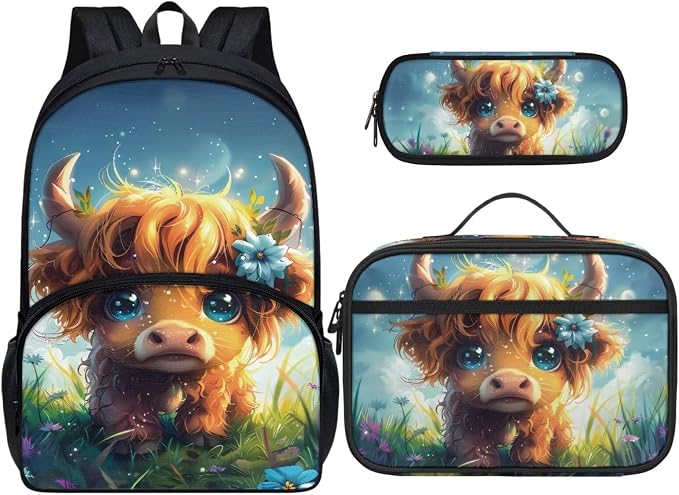 Highland Cow Backpack and Lunch Box Kids School Bag with Lunch Bag for Girls 10-12, 3 in 1 Book Bags Lunchboxes Pencil Case for School, School Backpacks for Primary Girl by Dremagia