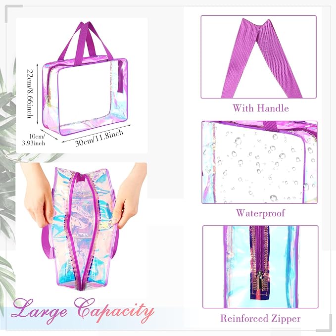 Sweetude 10 Pcs Large Clear Toiletry Bag with Handle Large Capacity Travel Iridescent Beach Makeup Bag PVC Clear Plastic Tote Punch Cosmetic Clothes Storage Organizer for Women Men (Purple) - Image 3