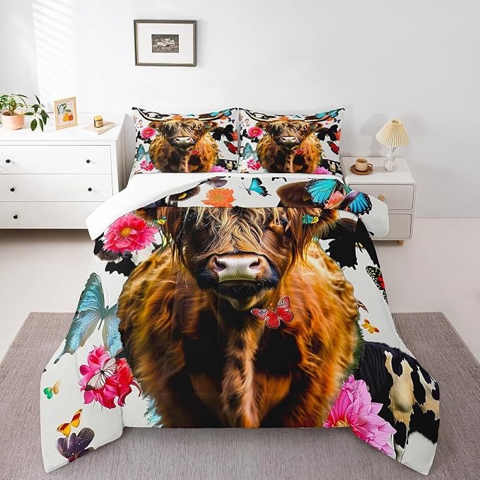 Erosebridal Highland Cattle Comforter Set Queen Size, Kids Cow Bull Cattle Bedding Set Butterfly Flower Down Comforter for Boys Girls Teens Western Cowboy Farm Animal Duvet Sets Bedroom Decor - Image 3