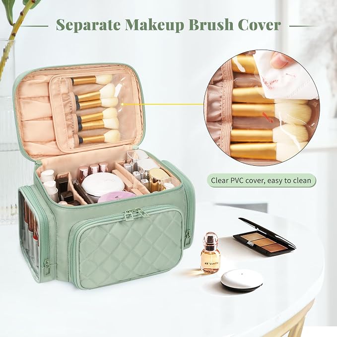 Bagmoly Large Makeup Bag, Portable Travel Makeup Bag Organizer for Women Girls with Makeup Brush Compartment & Two Side Pockets, Cosmetic Travel Bag Vertical Storage Toiletry - Green - Image 3