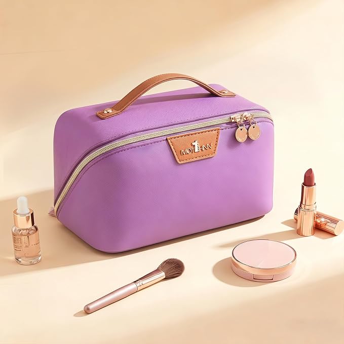 Travel Makeup Bag for Women: 3-in-1 Large Capacity Cosmetics Organizer with 2 Detachable Pouch - Vegan Leather Flat Open Toiletry Bag - Travel Essentials for Full-Sized Bottles(01-Purple) - Image 8