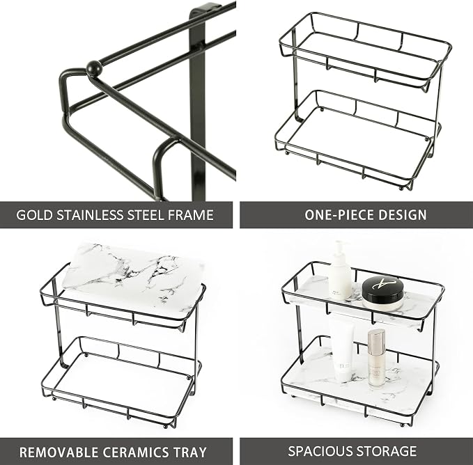 Bathroom Organizer Countertop Perfume Organizer Makeup Organizer Cosmetics Storage Display Rack Vanity Tray Dresser Stainless Steel Gold Shelf White Marble Ceramic Tray (2 Tier L-Black) - Image 4