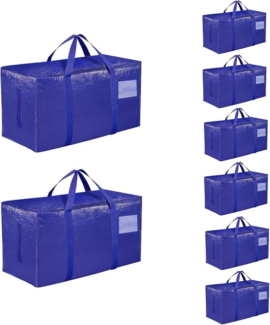 8 Pack-Extra Large Heavy Duty Moving Bags - Waterproof Storage Totes with Handles & Zippers, Foldable for College Dorm, Storage (Blue) by Unknown