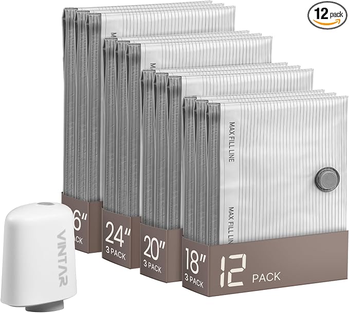 Vacuum Seal Bags for Clothing Travel with Rechargeable Cordless Pump, VINTAR 12 Pack Space Saver Vacuum Storage Bags, Travel Vacuum Compression Bags Set for Luggage Clothes Bedding Blanket by VINTAR
